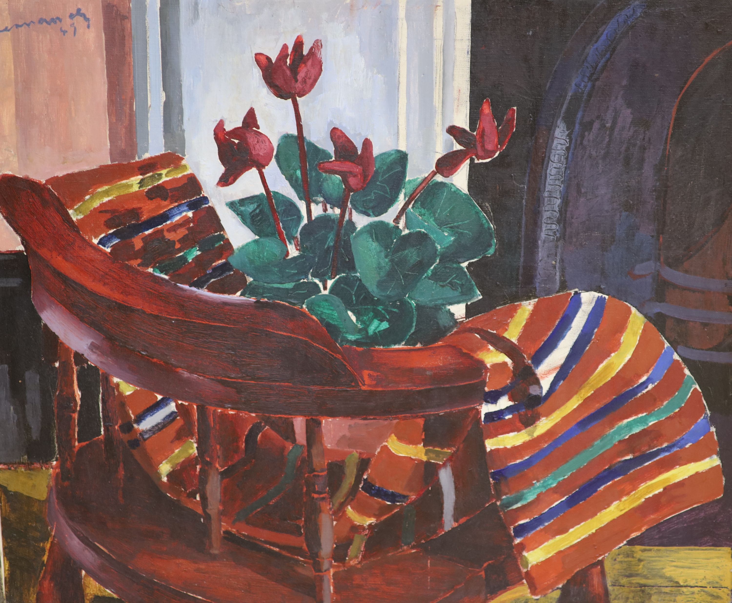 Modern British, oil on canvas, Still life with cyclamen upon an armchair, indistinctly signed and dated '49, 63 x 74cm